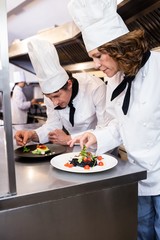 Two chefs garnishing meal on counter