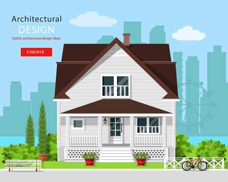 Modern graphic architectural design. Colorful cute house with yard, bench, trees, flowers and city background. Stylish european house. Flat style vector illustration.