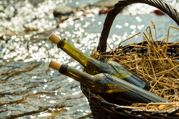 Bottles in picnic basket