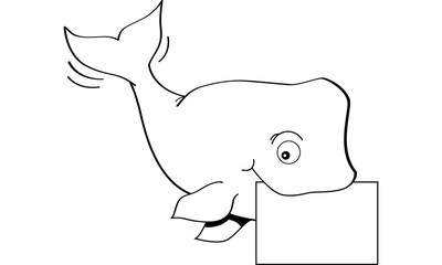 Black and white illustration of a whale holding a sign.