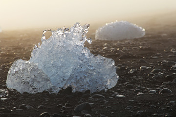 Ice on the shore of the beach with black sand. Iceland.