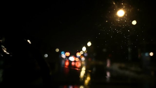 Slow Motion Dark Dash Camera Car Scene on a Rainy Night on the Road