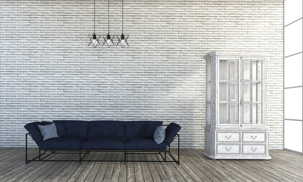 3d rendering loft style sofa in white brick wall room