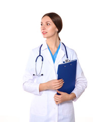 Fototapeta premium Happy smiling young beautiful female doctor showing blank area for sign or copyspace, isolated over white background