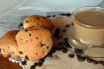 Buns with chocolate chip on a plate and coffee cup