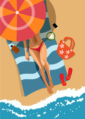 Woman on beach. Top view.  illustration