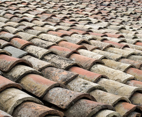 Old greek tiles on roof closeup