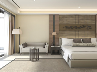 3d rendering nice warm tone bedroom in summer