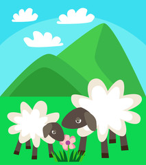 the family of sheep walking in a green meadow on a background of mountains and blue sky with clouds, loving and caring mother sheep helps her baby lamb vector flat illustration