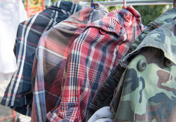 Clothes line,Selective focus point red plaid pants