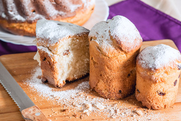 Easter cake with icing sugar and raisins