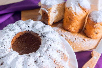 Easter cake with icing sugar and raisins