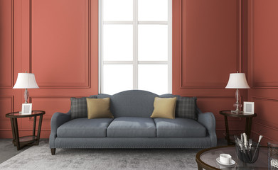 3d rendering classic blue sofa in red living room
