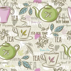 Papier peint Thé Modèles sans couture beiges avec service à thé, feuilles, tasse, bouilloire, fleur