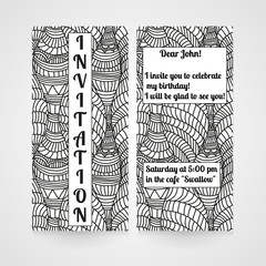 Card with hand drawn doodle pattern. Invitation for birthday.