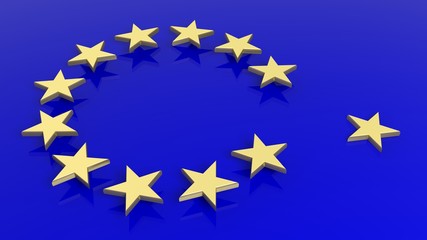 3D rendering of abstract European Union flag and golden stars with one out