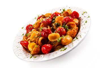 Orecchiette pasta, tomato sauce and vegetables
