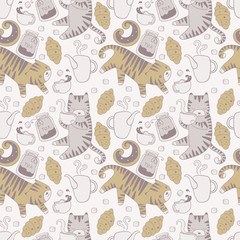 Cats with teapots cups and baking seamless vector background tex