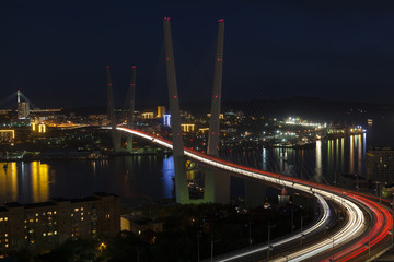 Fototapeta na wymiar Panorama of night Vladivostok. Golden bridge. Russia