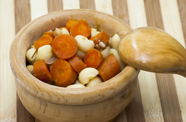 Vegetable soup with pasta, carrots and chickpeas