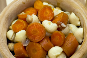 Vegetable soup with pasta, carrots and chickpeas