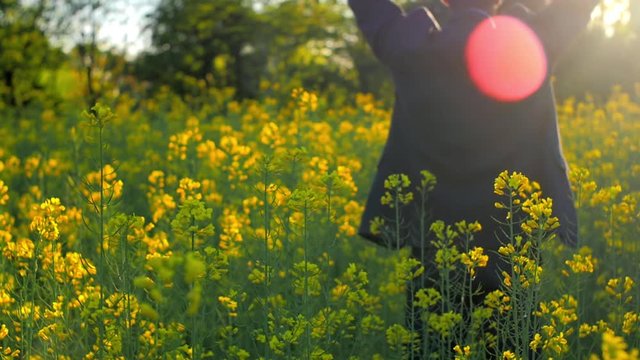 slow motion di businessman in prato fiorito al tramonto con flare 2
