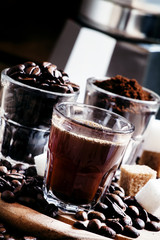 Three types of coffee: Grinded Arabica coffee beans, freshly bre