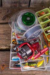 fishing tackles and fishing baits in box