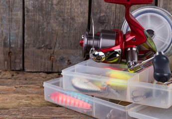 fishing tackles and fishing baits in box