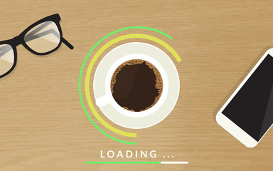 Realistic workplace top view with textured table, smartphone, glasses, coffee mug and circle progress bars around cup. Concept illustration of meeting preparation and data loading