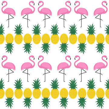 Flamingo seamless pattern with pineapples on white background. Summer vector background design for fabric and decor.