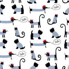 French style animals seamless pattern. Cute cartoon parisian dachshund, cat and scottish terrier vector illustration. French style dressed dogs and cats with red beret and striped frock. - 108153691