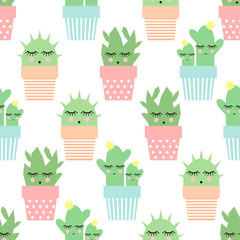 Cactus in cute pots seamless pattern. Simple cartoon plant vector illustration. Child drawing style cute sleeping cactus background.