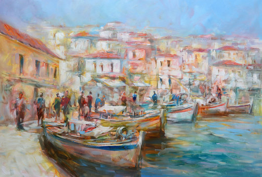 Boats on the island harbor,handmade painting