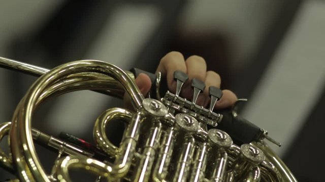 Hands of the man playing the French horn