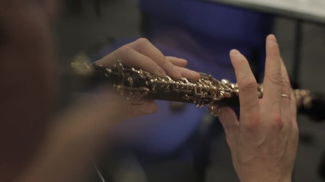 Oboe musical instrument of symphony orchestra. Oboist hands playing
