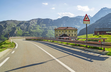 Summer evening on the Great Saint Bernard Pass, ancient road along the Aosta Valley - Alps...
