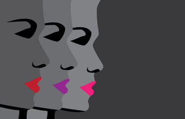 Women faces in a row with colorful lips, vector design background