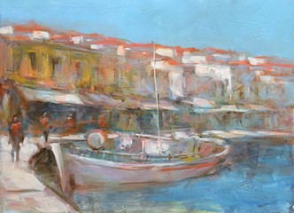Naklejka na ściany i meble Boats on the island harbor,handmade painting