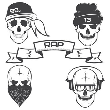 skulls in hats and caps, rap, skull with headphones. ribbon with the inscription.Set of vector emblems.design elements.