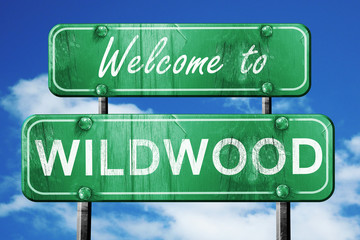wildwood vintage green road sign with blue sky background