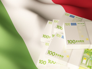 Euro banknote bundles on textile textured Italy flag. 3d illustration.
