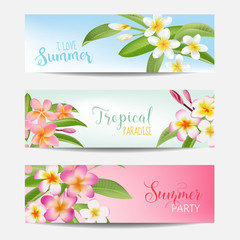 Tropical Banner Set. Tropical Flowers. Card with Text. Vector Realistic Flowers
