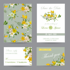 Wedding Invitation. Congratulation Card Set. Save the Date. Spring Design