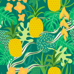 Tropical Flowers and Leaves Pattern. Pineapples Retro Background