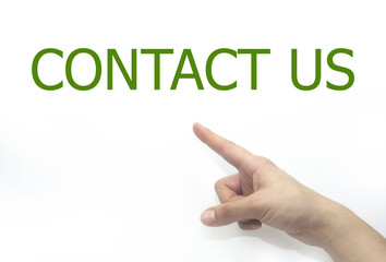 hand writing contact us on a transparent wipe board. isolated on white