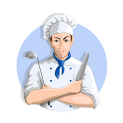 Smiling chef with knife and ladle. Eps10 vector illustration on a white background.