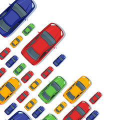 Vector background with multicolor cars. Top view isolated car icons. Street traffic, parking, transport or car repair service design concept. 