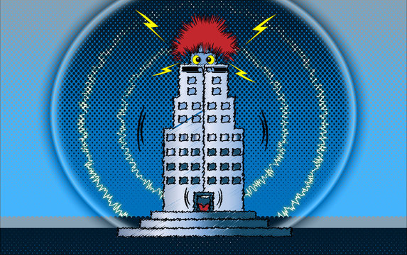 Caricatura fumetto di palazzo al freddo per malfunzionamento impianto elettrico con saette elettricit&agrave; e sfondo azzurro