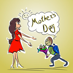 Mothers day in sketch. Vector doodle illustration with son and m